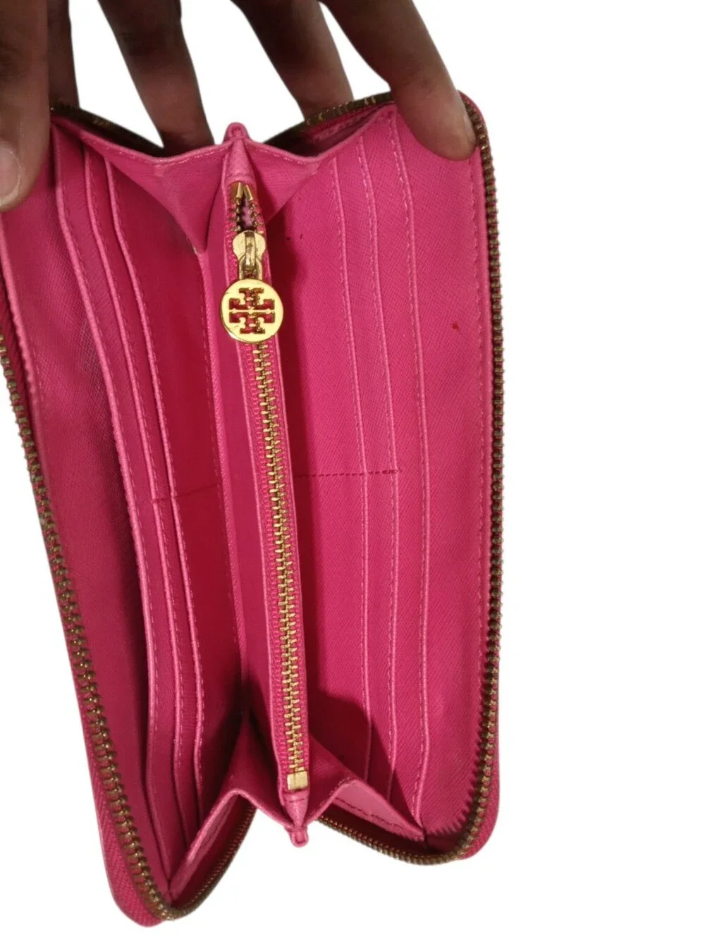 Tory Burch Hot Pink Saffiano Zip Around Wallet Gold Logo Leather